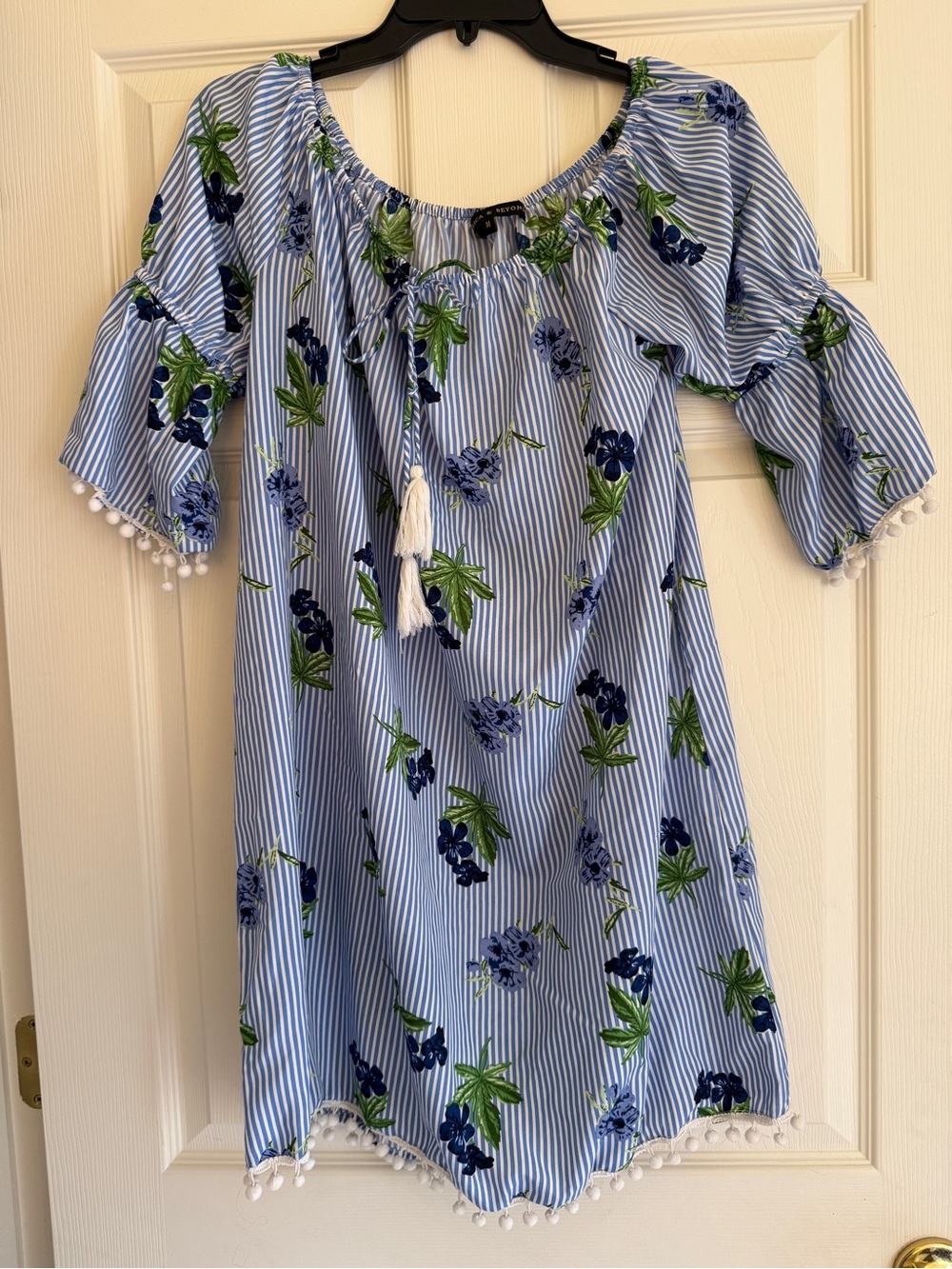 Blue Striped Floral Mini Dress with Tassel Tie